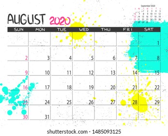 Calendar 2020 year. August 2020 planner. Desctop calendar design. Month planner. Grunge trendy background. Life or business planner. Place for notes. Printable template.