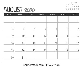 Calendar 2020 year. August 2020 planner. Desktop calendar design. Month planner. Grunge trendy background. Life or business planner. Place for notes. Printable template.