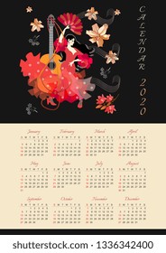 Calendar for 2020 year. Beautiful design with girl in red dress, with fan in her hands, dancing flamenco against black background with falling flowers. 