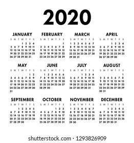 Calendar 2020 Year. Black And White Vector Template. Week Starts On Sunday. Basic Grid. Pocket Square Calender. Ready Design