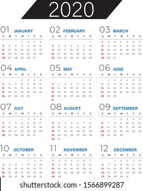 Calendar 2020 year. Black,Blue and Red vector template. Week starts on Sunday. Basic grid. Pocket square calender. Ready design