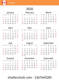 Calendar 2020 year for Canada country. English language. In a portrait format without holidays. Week starts on Sunday