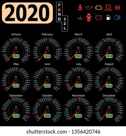 Calendar 2020 year from the car dashboard speedometer