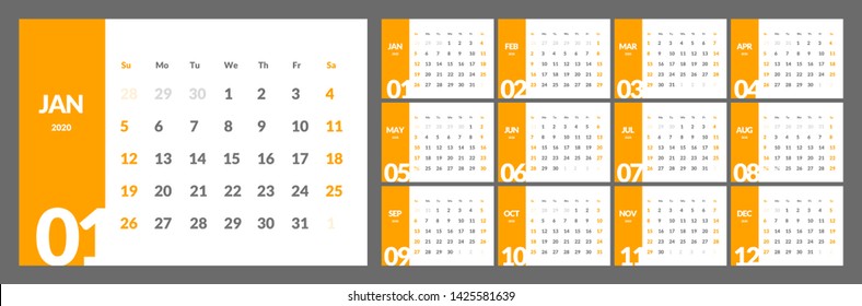 Calendar for 2020 year in clean minimal table simple style. Week Starts on Sunday. Set of 12 Months.