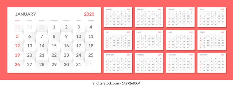 Calendar for 2020 year in clean minimal table simple style. Week Starts on Sunday. Set of 12 Months.