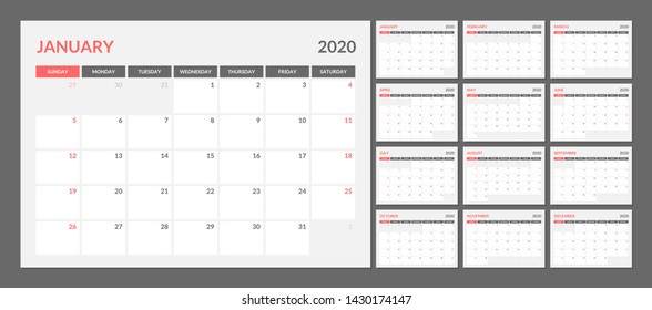 Calendar for 2020 year in clean minimal table simple style. Week Starts on Sunday. Set of 12 Months.
