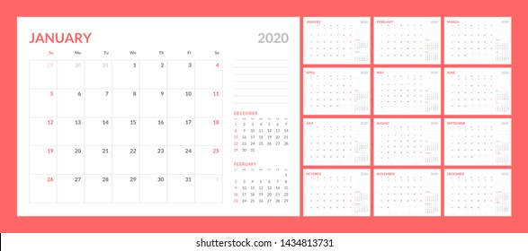 Calendar for 2020 year in clean minimal table simple style. Week Starts on Sunday. Set of 12 Months.