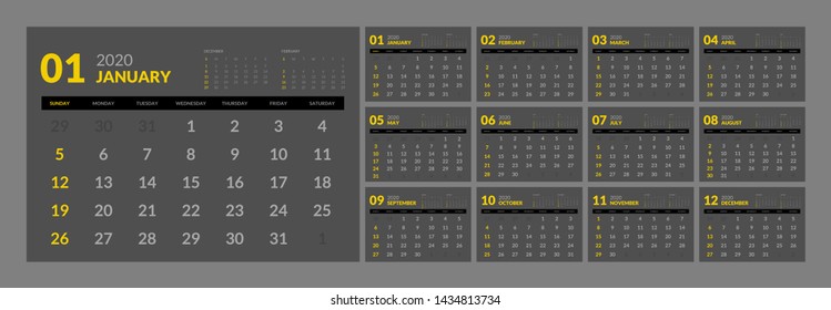 Calendar for 2020 year in clean minimal table simple style. Week Starts on Sunday. Set of 12 Months.