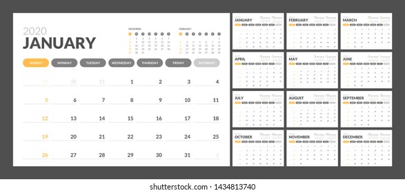 Calendar for 2020 year in clean minimal table simple style. Week Starts on Sunday. Set of 12 Months.