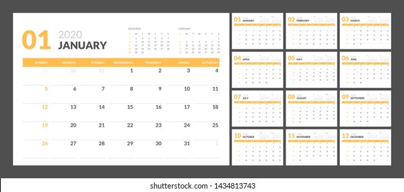 Calendar for 2020 year in clean minimal table simple style. Week Starts on Sunday. Set of 12 Months.