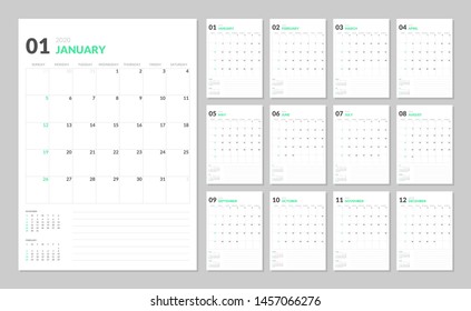 Calendar for 2020 year in clean minimal table simple style. Week Starts on Sunday. Set of 12 Months.