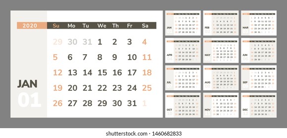Calendar for 2020 year in clean minimal table simple style. Week Starts on Sunday. Set of 12 Months.