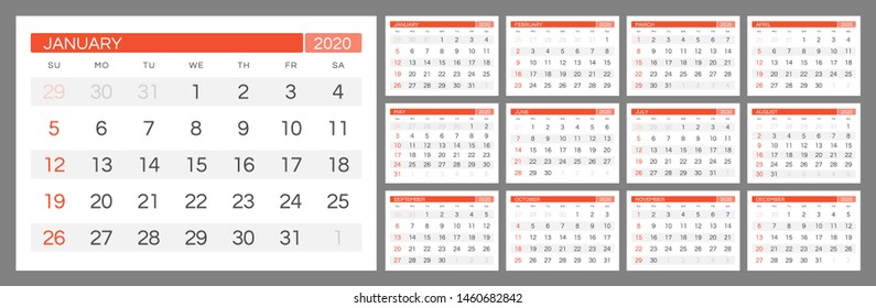 Calendar for 2020 year in clean minimal table simple style. Week Starts on Sunday. Set of 12 Months.