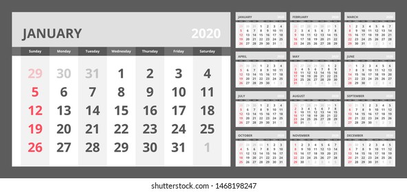 Calendar for 2020 year in clean minimal table simple style. Week Starts on Sunday. Set of 12 Months.