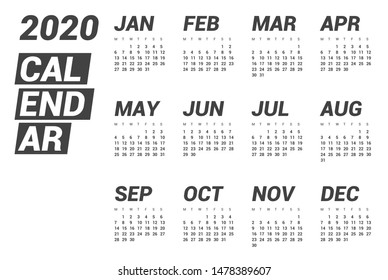 Calendar for 2020 year in clean minimal style. Week Starts on Monday.