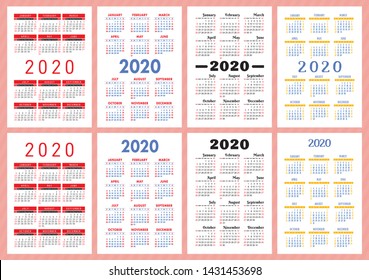 Calendar 2020 year collection. Vector template. Colorful English calender set. Week starts on Sunday