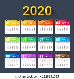Calendar for 2020 year, colorful gradient template.  Vector illustration.