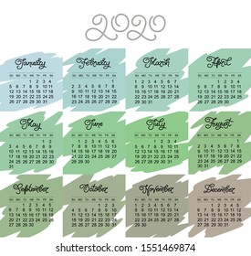 Calendar 2020 year. Colorful vector set. Week starts on Sunday