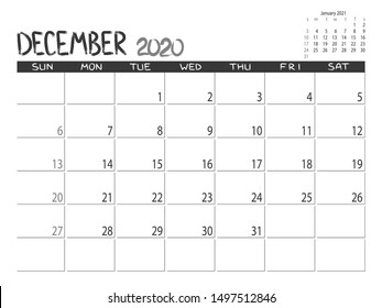 Calendar 2020 year. December 2020 planner.Desktop calendar design. Month planner. Grunge trendy background. Life or business planner. Place for notes. Printable template.