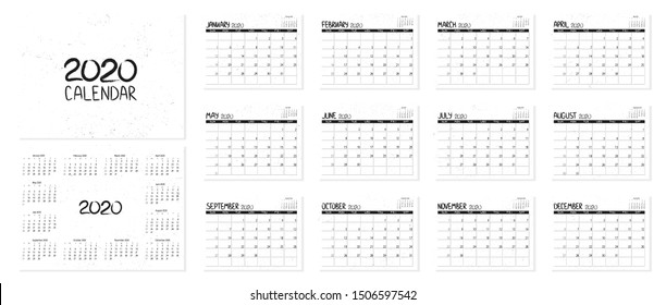 Calendar 2020 year. Desctop calendar design. Month planner. Grunge trendy background. 2020 calendar grunge design. New Year 2020. Life or business planner. Place for notes. Printable template.