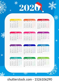 Calendar 2020 year. Calendar design template. Vector illustration 