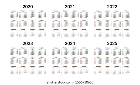 Calendar 2020 year design template. Vector stationery calendar 2020, 2021, 2022, 2023, 2024, 2025 years week starts Sunday, yearly organizer minimal business illustration