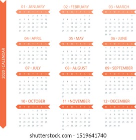 Calendar 2020 year grid design isolated on white background. English language. Week starts monday. Holidays are not marked. Vector calendar for year 2020 Template. Set of 12 Months