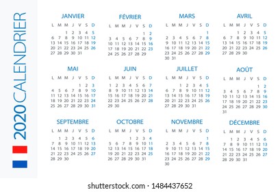 Calendar 2020 year Horizontal - vector illustration. French version