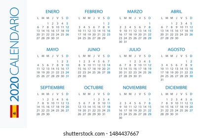 Calendar 2020 year Horizontal - vector illustration. Spanish version