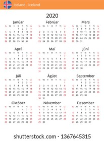 Calendar 2020 year for Iceland country. Icelandic language. In a portrait format without holidays. Week starts on Sunday