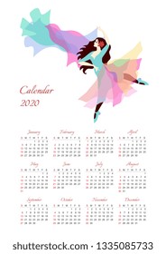 Calendar for 2020 year with illustration of beautiful dancing girl on white background.
