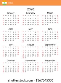 Calendar 2020 year for India country. English language. In a portrait format without holidays. Week starts on Sunday