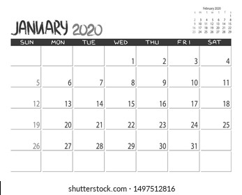 Calendar 2020 year. January 2020 planner. Desktop calendar design. Month planner. Grunge trendy background. Life or business planning. Place for notes. Printable template.