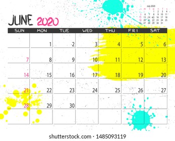 Calendar 2020 year. June 2020 planner. Desctop calendar design. Month planner. Grunge trendy background. Life or business planner. Place for notes. Printable template.