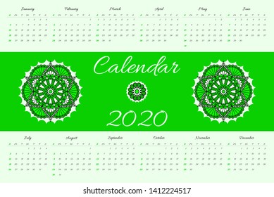 Calendar for 2020 year with mandala pattern on green background.  Vector design. Week starts on sunday.