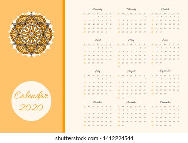 Calendar for 2020 year with mandala pattern on orange background.  Vector design. Week starts on sunday.