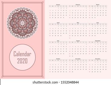 Calendar for 2020 year with mandala pattern on pink background. Week starts on sunday. Vector design.