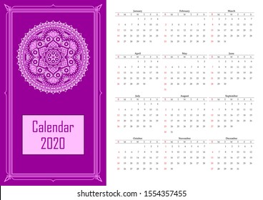 Calendar for 2020 year with mandala pattern in violet colors. Vector drawing. Week starts on sunday.