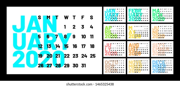 Calendar for 2020 year in minimal simple style. Week Starts on Sunday. Set of 12 Months.