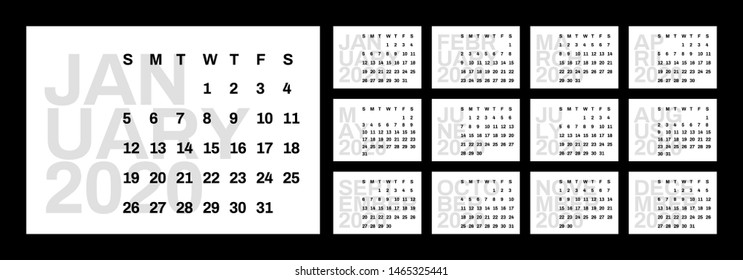 Calendar for 2020 year in minimal simple style. Week Starts on Sunday. Set of 12 Months.