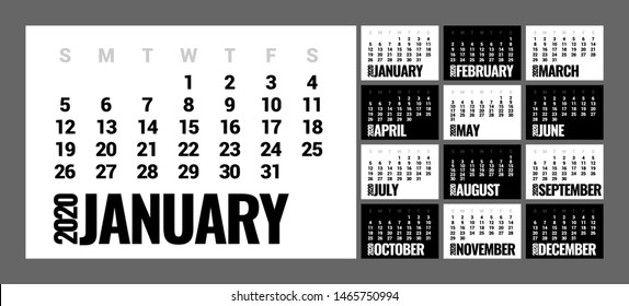 Calendar for 2020 year in minimal simple style. Week Starts on Sunday. Set of 12 Months.