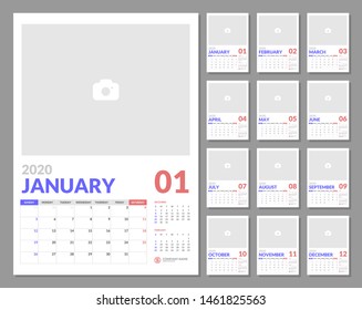 Calendar for 2020 year in minimal style with Place for Photo. Week Starts on Sunday. Set of 12 Months.