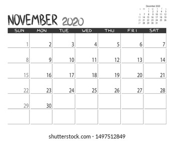 Calendar 2020 year. November 2020 planner.Desktop calendar design. Month planner. Grunge trendy background. Life or business planner. Place for notes. Printable template.