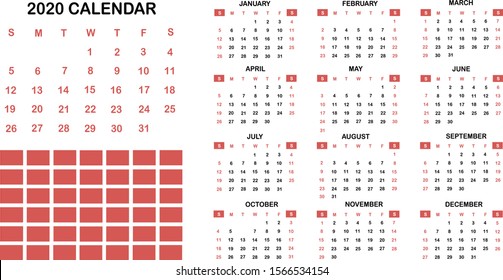 Calendar for 2020 year. Numbers and letters. Set of 12 Months. Day and week. Starts on Sunday. 