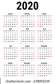 Calendar for 2020 Year on White Background. Week Starts Sunday. Simple Vector Template. Stationery Design Template