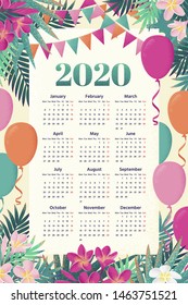 Calendar for 2020 year with palm leaves, pink, white frangipani (plumeria) flowers, flags, balloons frame. Week starts from Monday. Retro vector illustration 