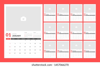 Calendar for 2020 year with Place for Photo in clean minimal table simple style. Week Starts on Sunday. Set of 12 Months.