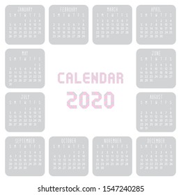 Calendar for 2020 year. Calendar planner set for template corporate design. Week starts from Sunday.