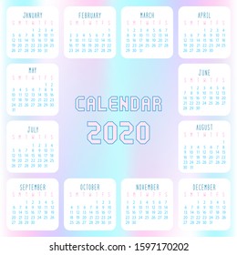 Calendar for 2020 year. Calendar planner set for template corporate design. Week starts from Sunday.