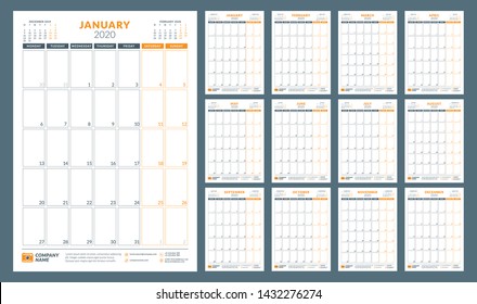 Calendar for 2020 year. Calendar planner stationery design template. Portrait orientation. Week starts on Monday